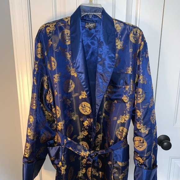 Sue’s Fashion Dark Blue Gold Dragon Motifs XXL Long Kimono Robe Tie Sash Pockets - Picture 5 of 6
